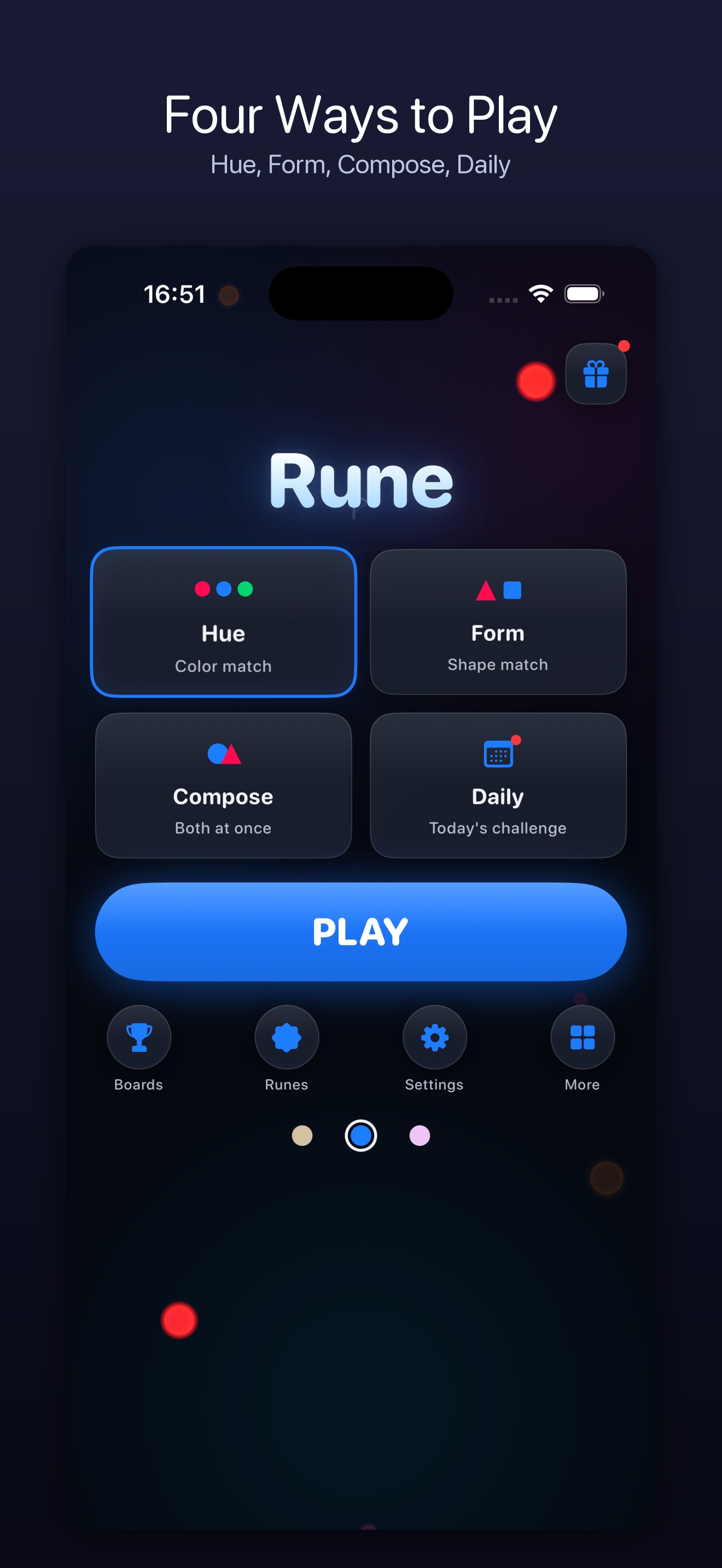Rune home screen showing the four game modes, Hue, Form, Compose, and Daily, with a Play button