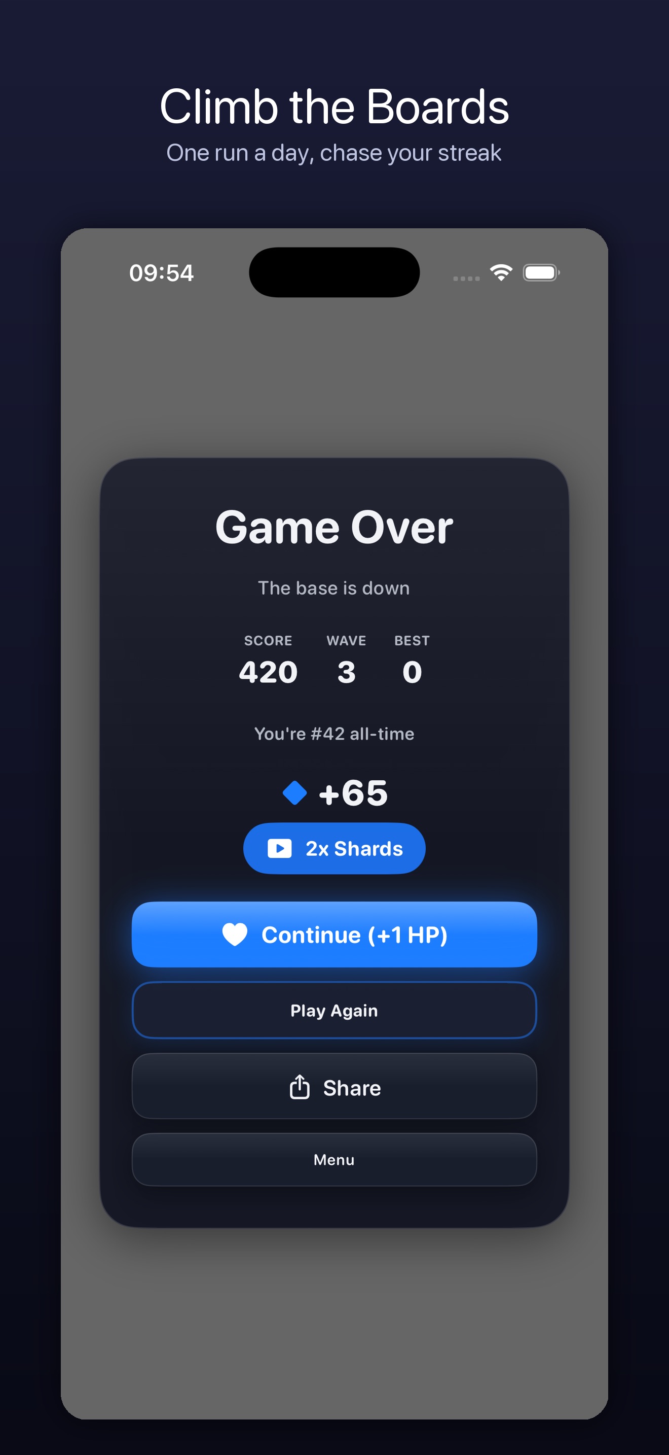 Rune game over screen showing final score, wave reached, all-time rank, and a continue option
