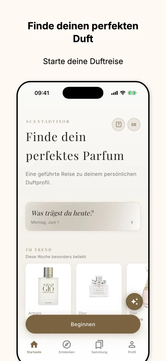 ScentAdvisor Startbildschirm mit der Karte Finde deinen perfekten Duft, dem Beginnen-Button und Trend-Parfums von Armani und Dior