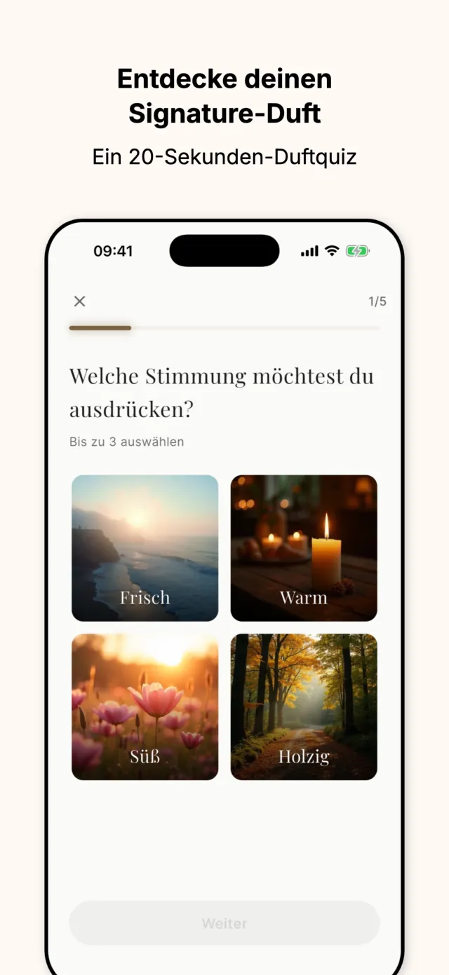 ScentAdvisor Quiz Schritt eins von fünf, Auswahl der Stimmung zwischen Frisch, Warm, Süß und Holzig