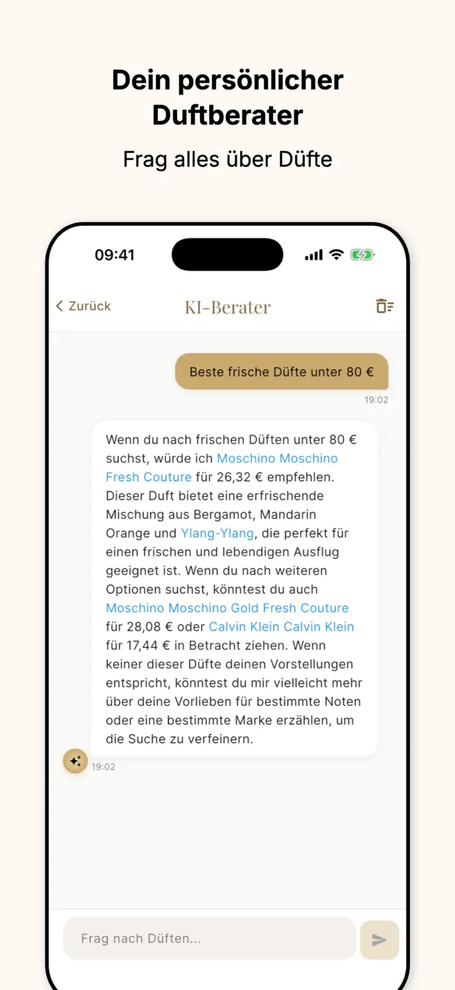 ScentAdvisor KI-Chat-Berater beantwortet eine Frage zu günstigen frischen Düften mit konkreten Empfehlungen