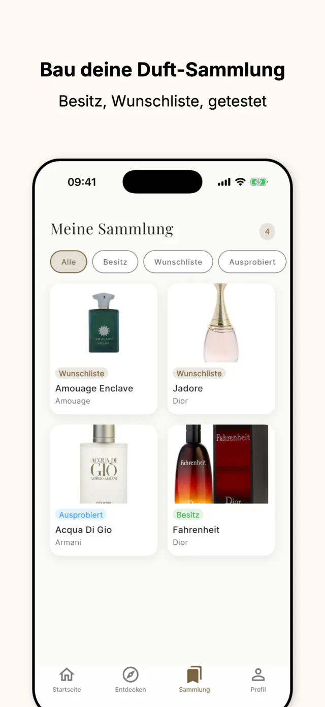 ScentAdvisor Sammlung mit Düften markiert als besessen, Wunschliste oder getestet