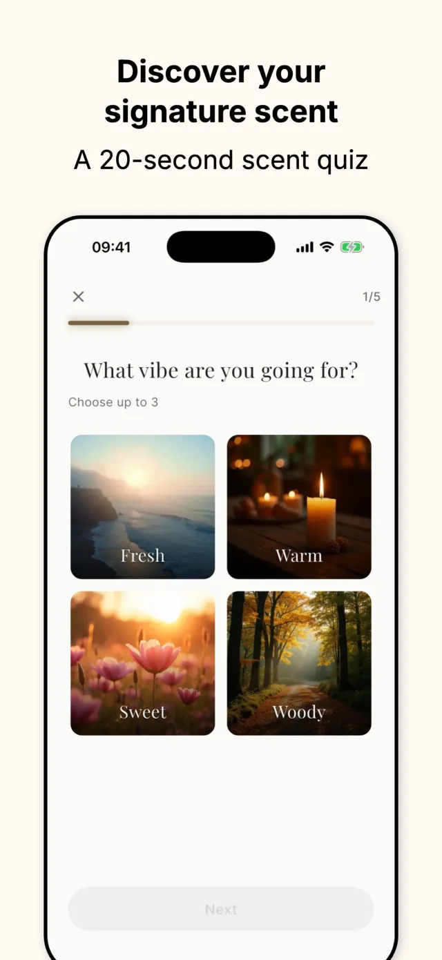 ScentAdvisor quiz step one of five, choosing a vibe between Fresh, Warm, Sweet, and Woody