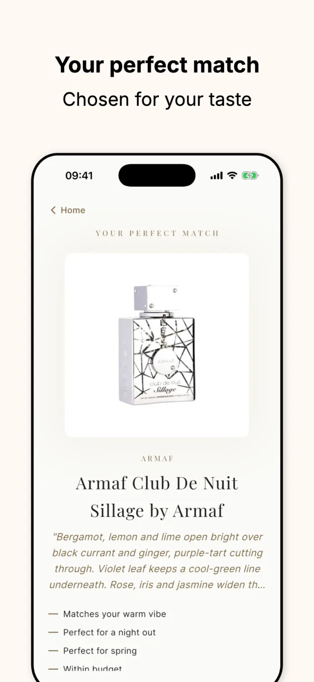 ScentAdvisor match result screen showing Armaf Club De Nuit Sillage with its notes and the quiz answers it satisfies