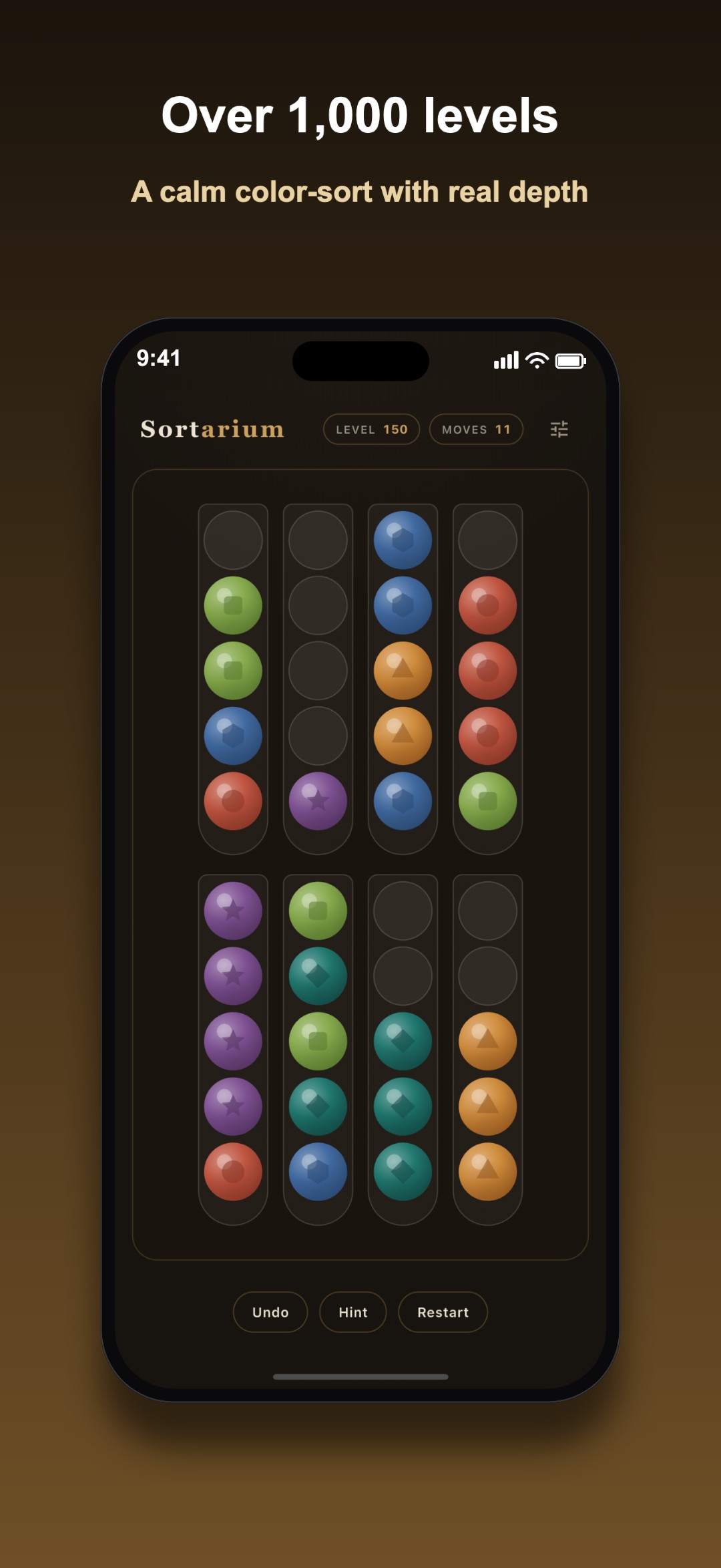 A full board of colored balls in tubes, mid-solve