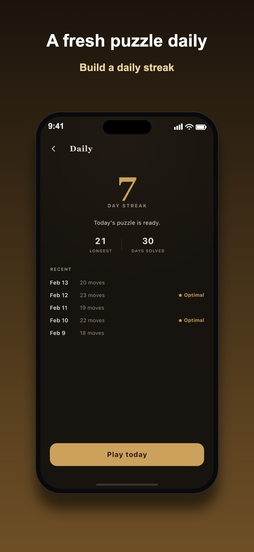 The daily puzzle screen with the calendar and streak