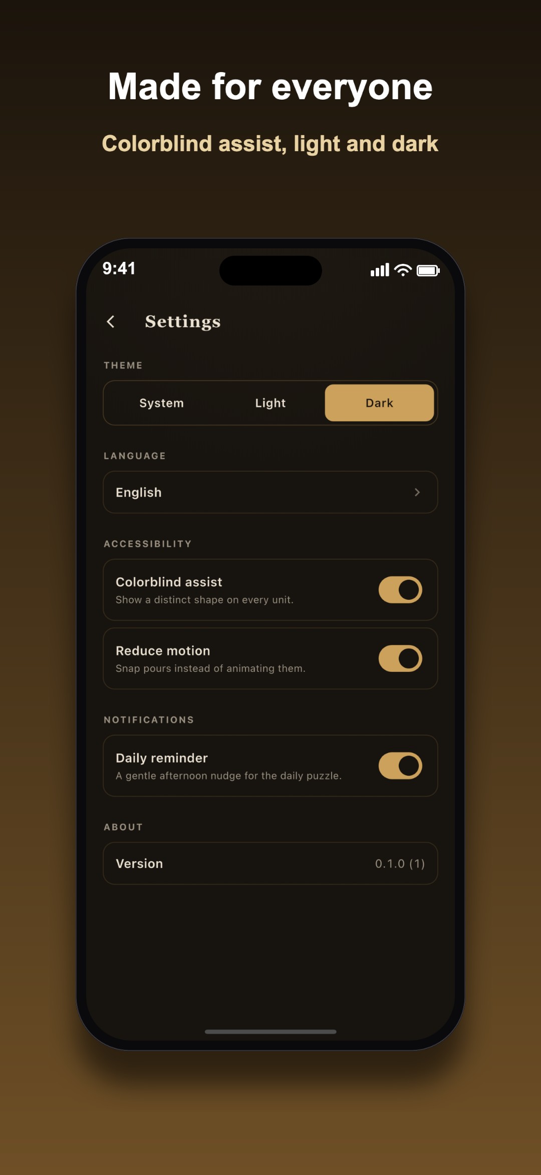 The settings screen with colorblind assist and theme options