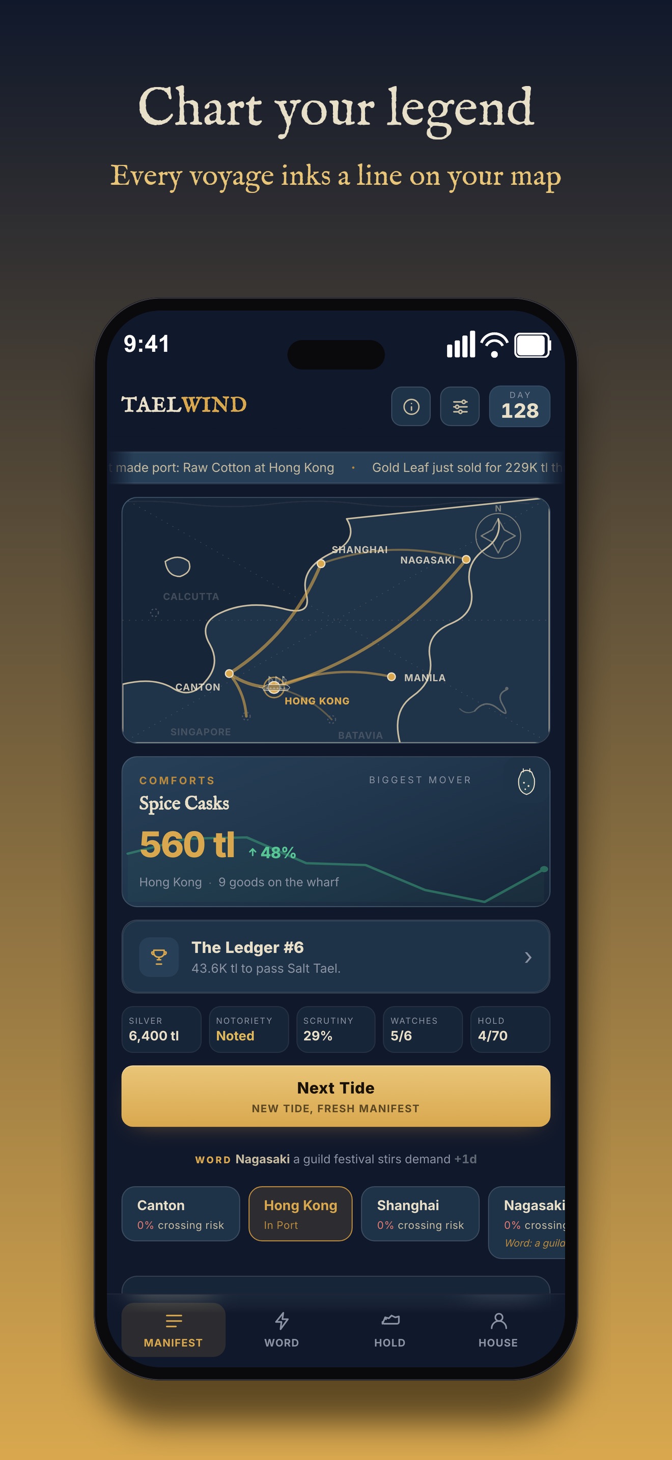 Taelwind home screen at night: a living chart of trade routes between Hong Kong, Canton, Shanghai and Nagasaki, with silver, notoriety and hold stats below