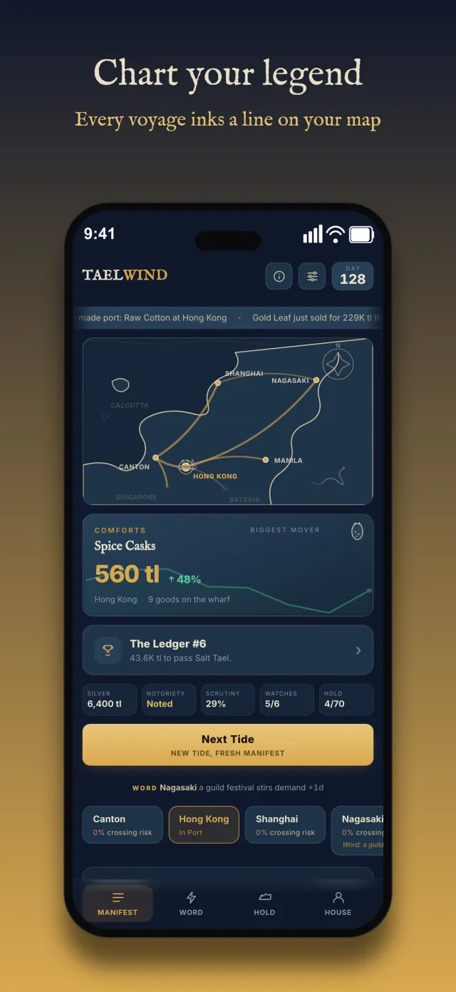 Taelwind home screen at night: a living chart of trade routes between Hong Kong, Canton, Shanghai and Nagasaki, with silver, notoriety and hold stats below