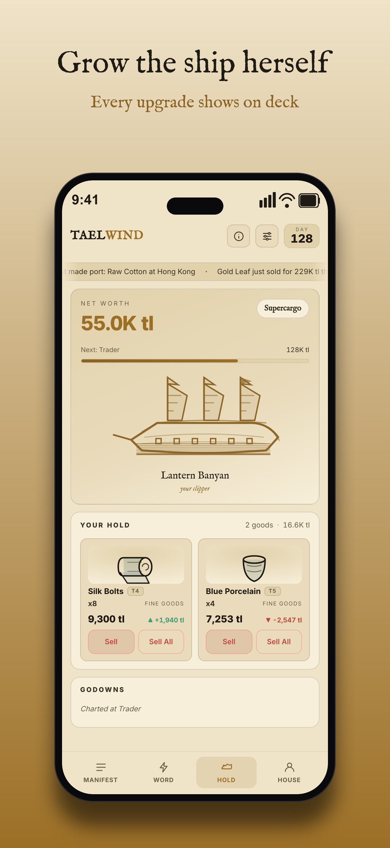 Taelwind hold screen by day: net worth, ship rank progress, the clipper Lantern Banyan, and cargo of silk bolts and blue porcelain ready to sell