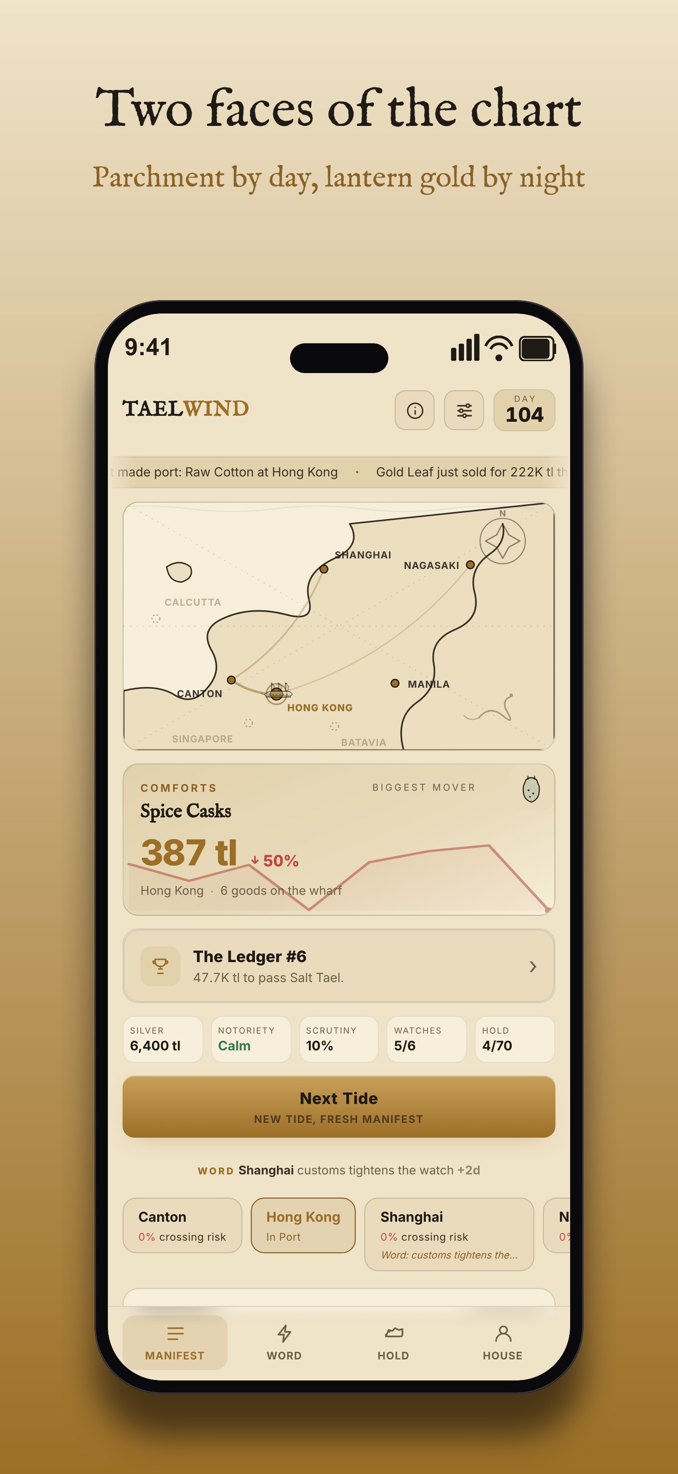 Taelwind home screen by day in parchment and ink, the same living chart shown in its light theme with calmer notoriety and scrutiny readings